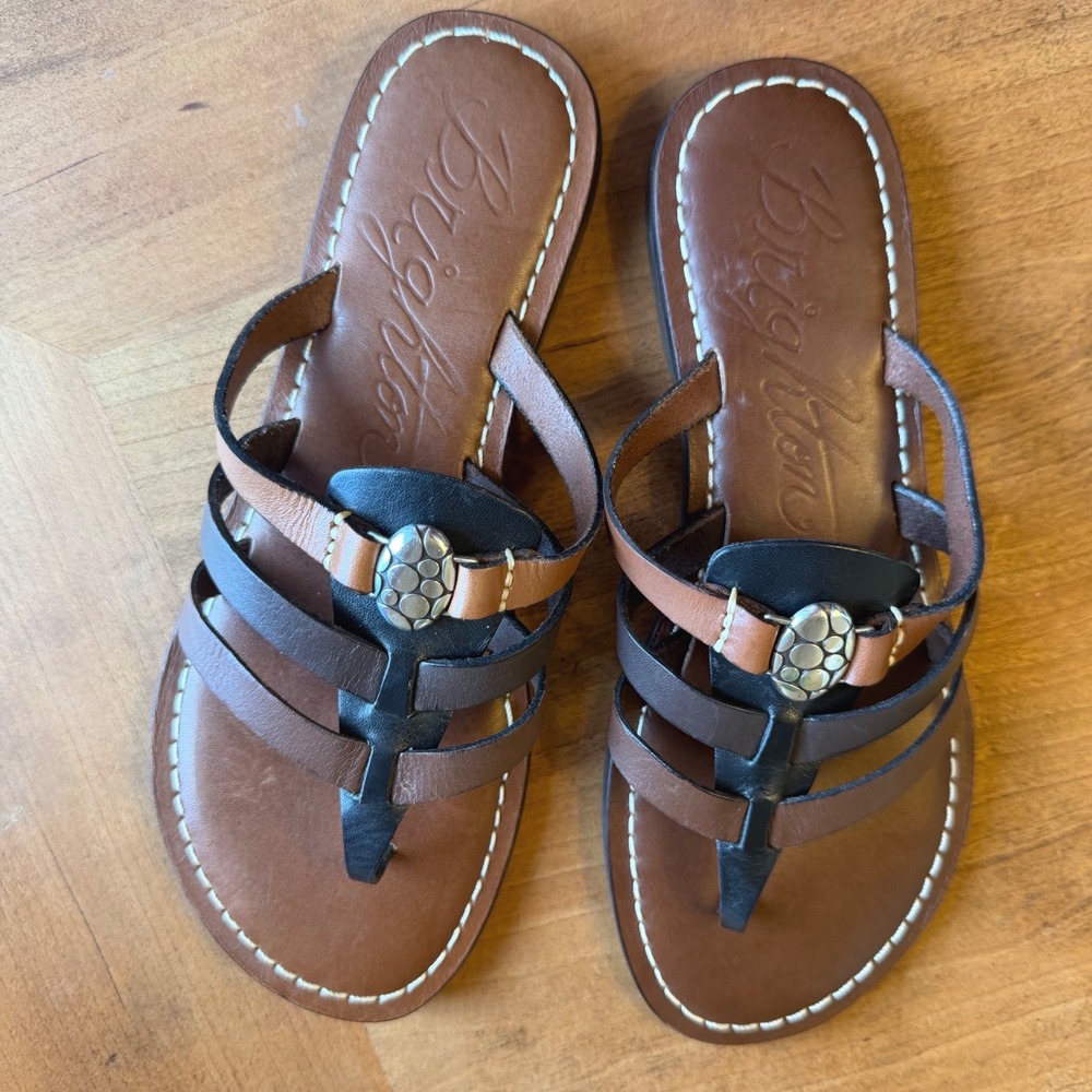 Brighton Athena Leather Thong Sandals Brown Black Size 6.5 M Made in Brazil